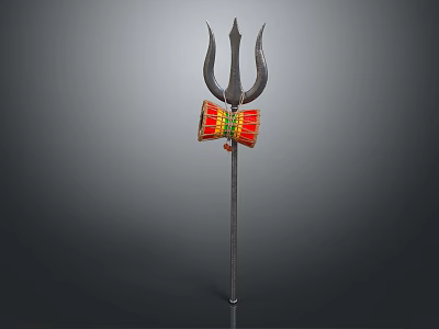 Traditional Musical Instruments And Art Supplies Featuring Painted Trident Pole With Red Green Drum Decor 3d model