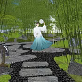 Traditional Chinese Garden Landscape With Bamboo Grove Stone Path And Person Holding Fan