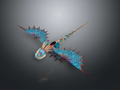 Colorful Mythical Dragon with Blue and Orange Patterns Flying Spread Wings and Spikes 3d model