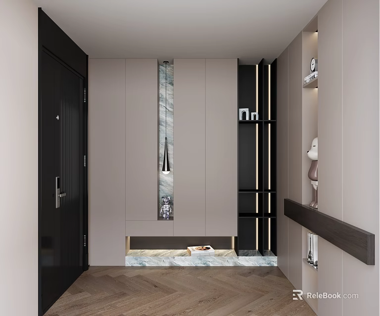 Modern Entryway Interior Design With Neutral Cabinets Pendant Light And Herringbone Floor 3d model 