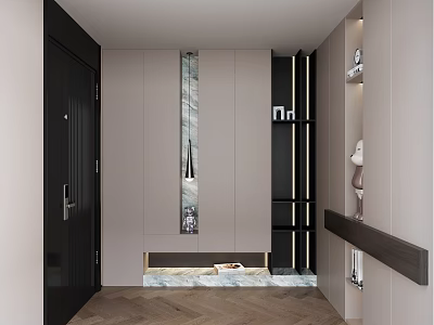 Modern Entryway Interior Design With Neutral Cabinets Pendant Light And Herringbone Floor 3d model
