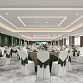 Elegant Banquet Hall Interior With Green Ceiling Lighting Herringbone Wooden Floor And Mountain View Windows