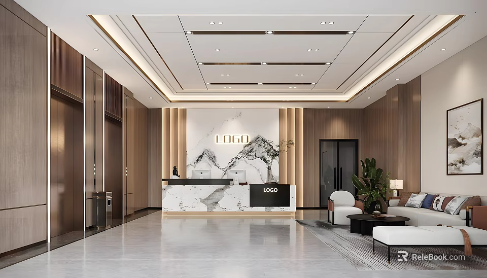 Modern Hotel Lobby Interior Design With Marble Reception Desk Landscape Art And Sofa Seating 3d model 