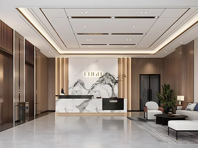 Modern Hotel Lobby Interior Design With Marble Reception Desk Landscape Art And Sofa Seating 3d model