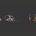Weapons Display Featuring Crossed Knives Wooden Handled Red Grenades And Red Blue Throwing Balls