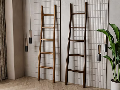 Different Colored Wooden Stairs Leaning Against Grid Pattern Wall With Green Plant And Decorative Lights 3d model