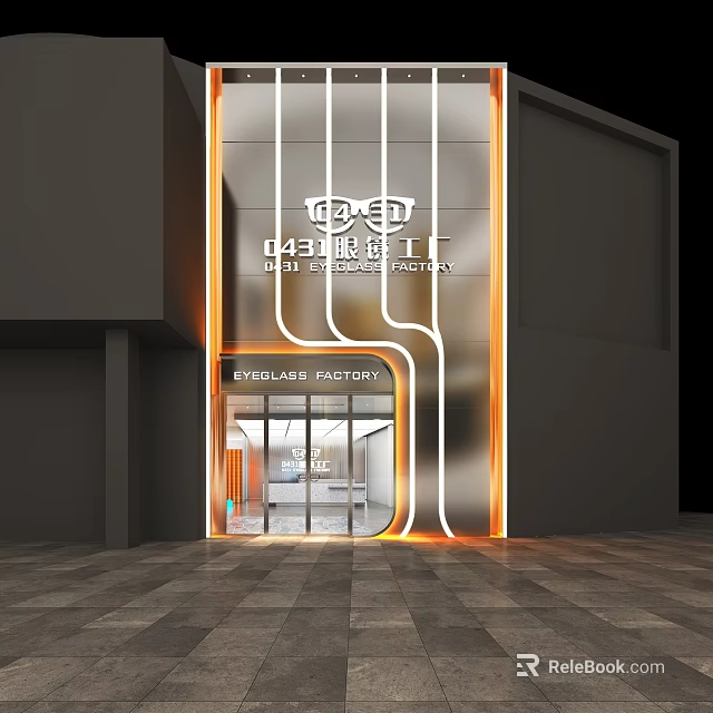 Modern Eyeglass Factory Store Exterior With Neon Lights Glass Door And Brand Signage 3d model 