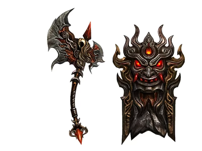 Mythical Battle Axe And Shield With Red Glowing Eyes Dark Metal Intricate Design 3d model