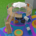 Colorful Circular Playground Equipment with White Canopy Railings Swings and Climbing Ropes