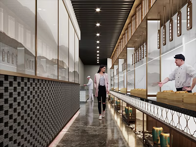 Modern Restaurant Interior With Open Counter Display Cases Tiled Walls Ceiling Lights Staff And Customers 3d model