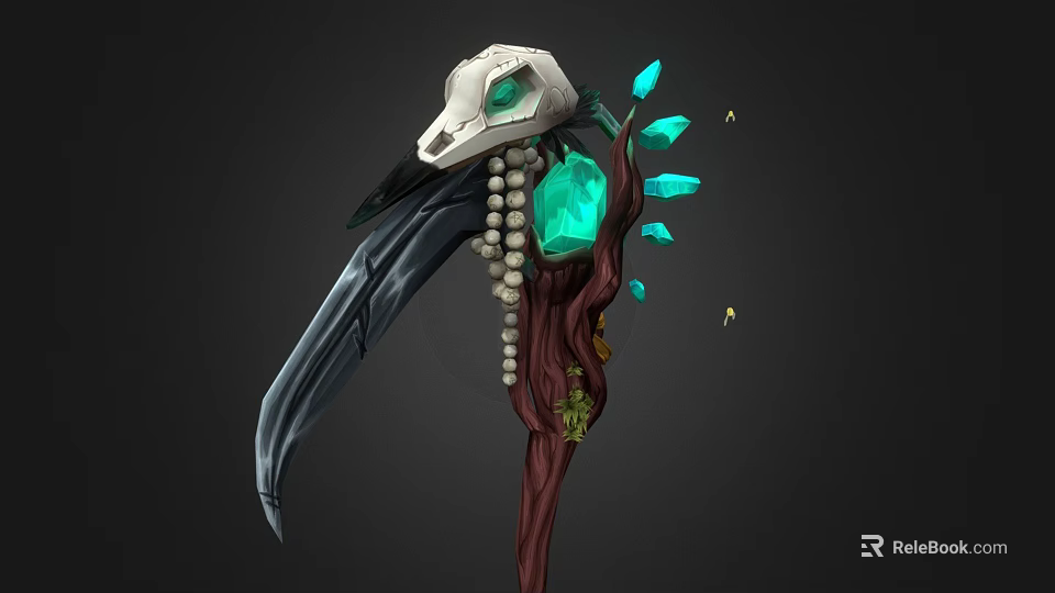 Decorative Weapon With Raven Skull Green Gemstone Pearls And Wooden Staff 3d model 