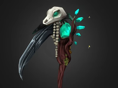 Decorative Weapon With Raven Skull Green Gemstone Pearls And Wooden Staff 3d model