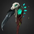 Decorative Weapon With Raven Skull Green Gemstone Pearls And Wooden Staff