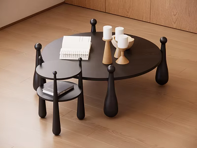Modern Round Coffee Table With Small Side Table Notebook Candles And Bowl On Wooden Floor 3d model