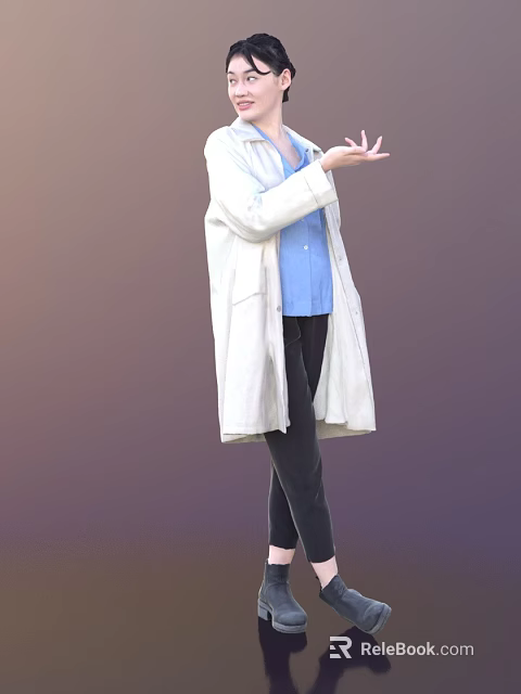 Woman in white long coat blue shirt black pants against gradient background gesturing with hands 3d model 