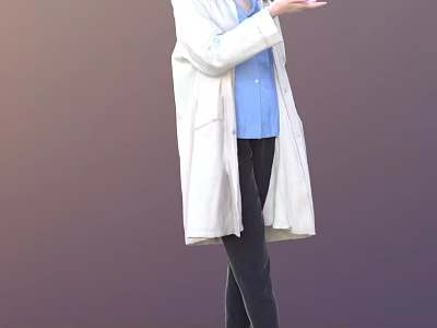 Woman in white long coat blue shirt black pants against gradient background gesturing with hands 3d model