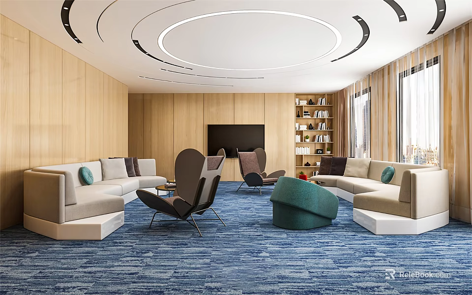 Modern Hotel Public Lounge With Beige Sofas Brown Armchairs Green Ottoman And Blue Carpet 3d model 