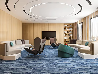 Modern Hotel Public Lounge With Beige Sofas Brown Armchairs Green Ottoman And Blue Carpet 3d model