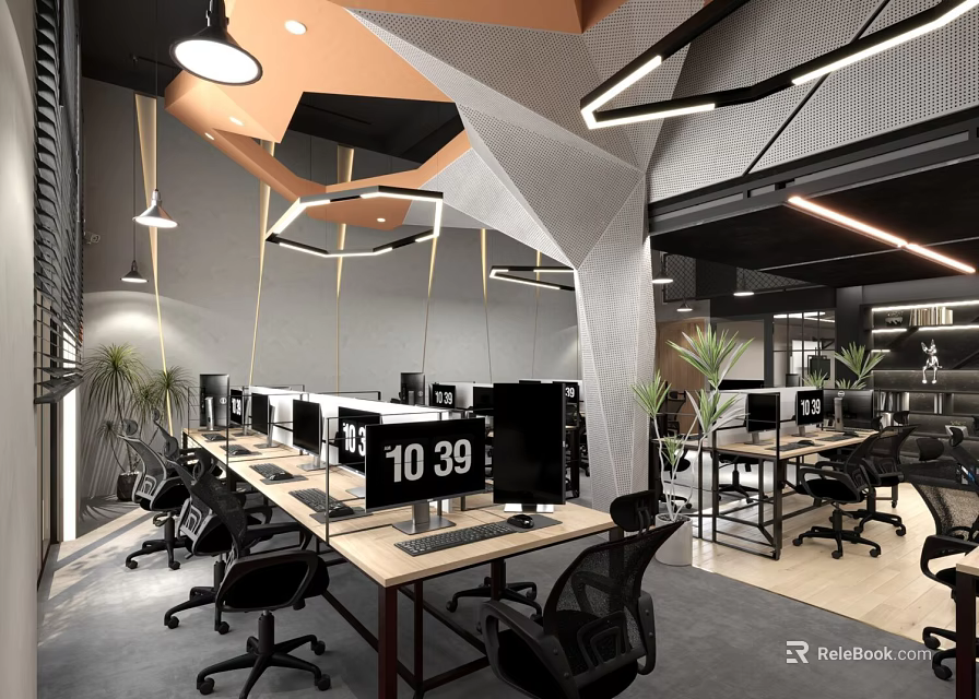 Modern Public Office Space With Desks Computers Ergonomic Chairs And Green Plants 3d model 