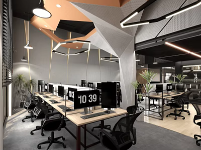 Modern Public Office Space With Desks Computers Ergonomic Chairs And Green Plants 3d model