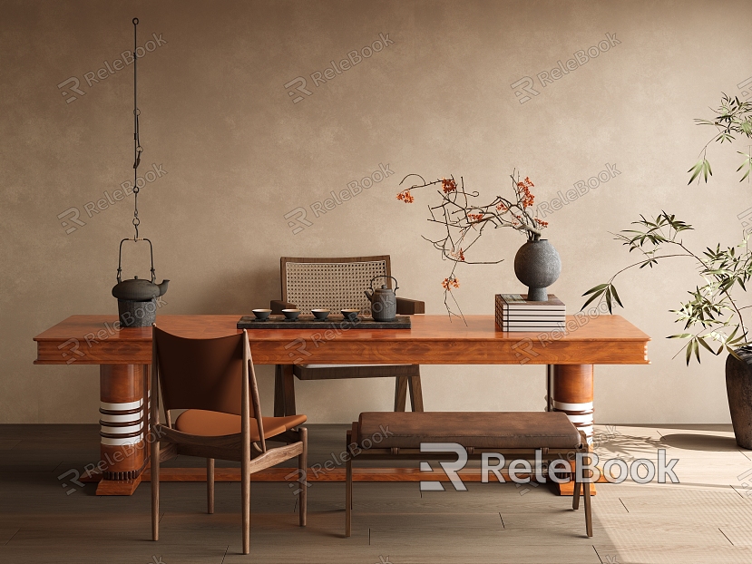 Quiet Ancient Style Tea Room Tea Table and Chair Combination Solid Wood Tea Table Tea Set Combination Quiet Painting Tea Table model