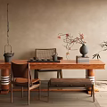 Quiet Ancient Style Tea Room Tea Table and Chair Combination Solid Wood Tea Table Tea Set Combination Quiet Painting Tea Table 3d model