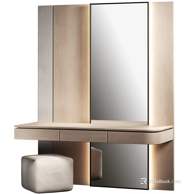 Modern Light Wood Dressing Table With Full Mirror Drawers And Soft Padded Stool For Bedroom 3d model 