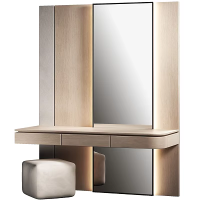 Modern Light Wood Dressing Table With Full Mirror Drawers And Soft Padded Stool For Bedroom 3d model