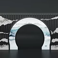 Feng Shui Themed Background Wall Design With Landscape Patterns And Arch Details