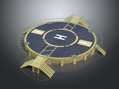 Circular Blue Platform Structure With White Logo And Yellow Stair Railings 3d model
