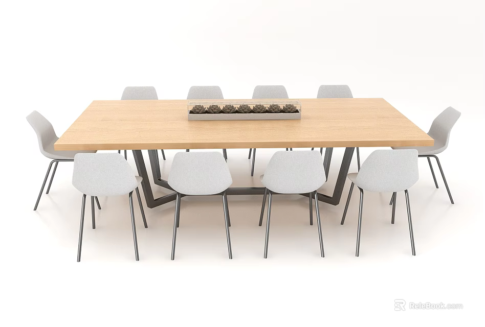 Wooden Dining Table Set with Light Grey Chairs and Decorative Tray 3d model