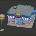 Burger Restaurant Building Featuring Blue Roof White Striped Awnings Outdoor Burger Sign And Yellow Bollards