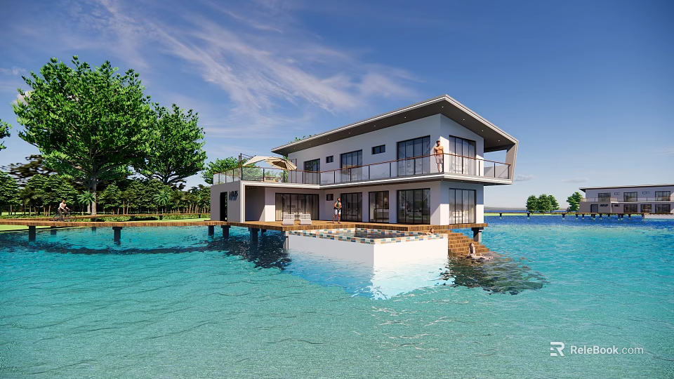 Detached Villa Over Water With Wooden Dock Large Windows And Green Trees Under Blue Sky 3d model 