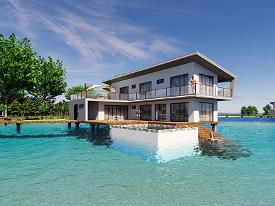 Detached Villa Over Water With Wooden Dock Large Windows And Green Trees Under Blue Sky 3d model