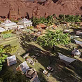 Scenic Camping Site with Tents Picnic Tables Chairs Trees and Sunset Hills