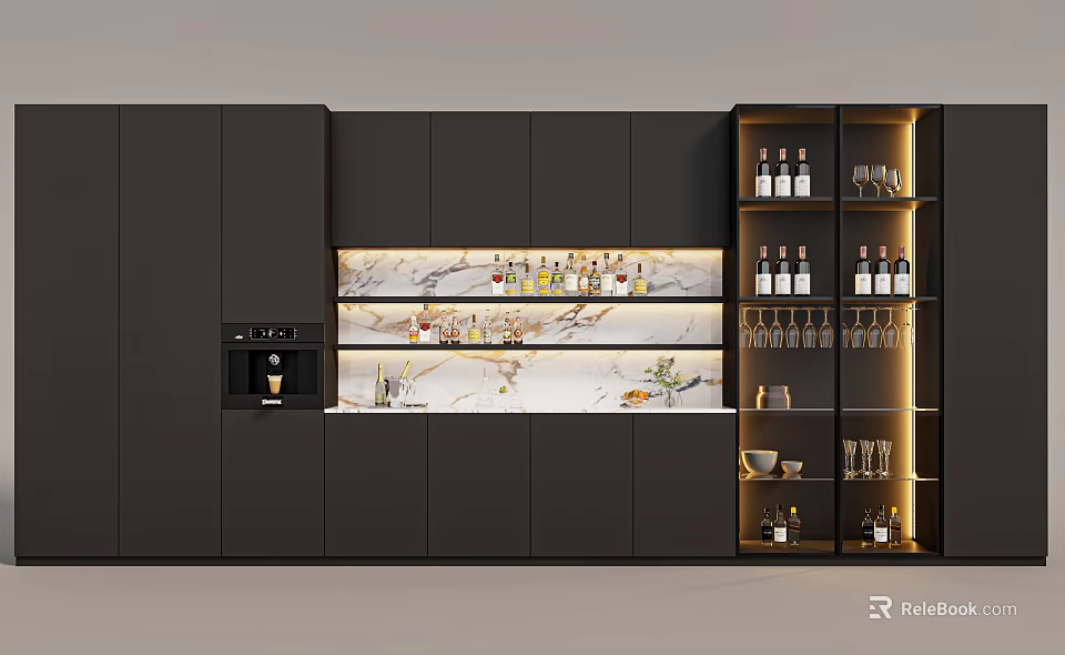 Modern High End Sideboard with Black Cabinets Marble Countertop Wine Bottles Glasses and Coffee Machine 3d model 