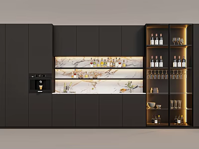 Modern High End Sideboard with Black Cabinets Marble Countertop Wine Bottles Glasses and Coffee Machine 3d model