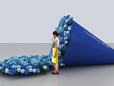 Woman Standing By Latrobe Blue Structure With Blue And White Flowers 3d model