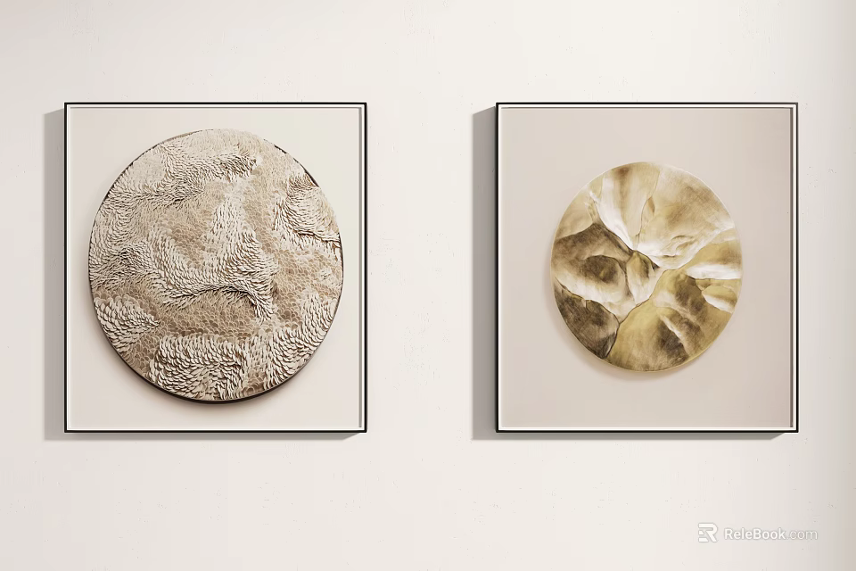 Textured Circular Wall Art In Square Frames Light Gray And Gold On White Wall 3d model