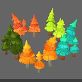 Colorful Trees with Vibrant Red Orange Yellow Green Blue Foliage in Cartoon 3D Model Style