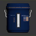 Blue Metal Cylindrical Bucket With Orange Trim Round Lid And Handle