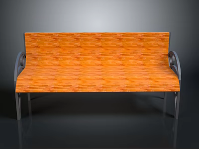 Wooden Bench with Orange Wood Grain Surface and Metal Armrests Legs Design 3d model