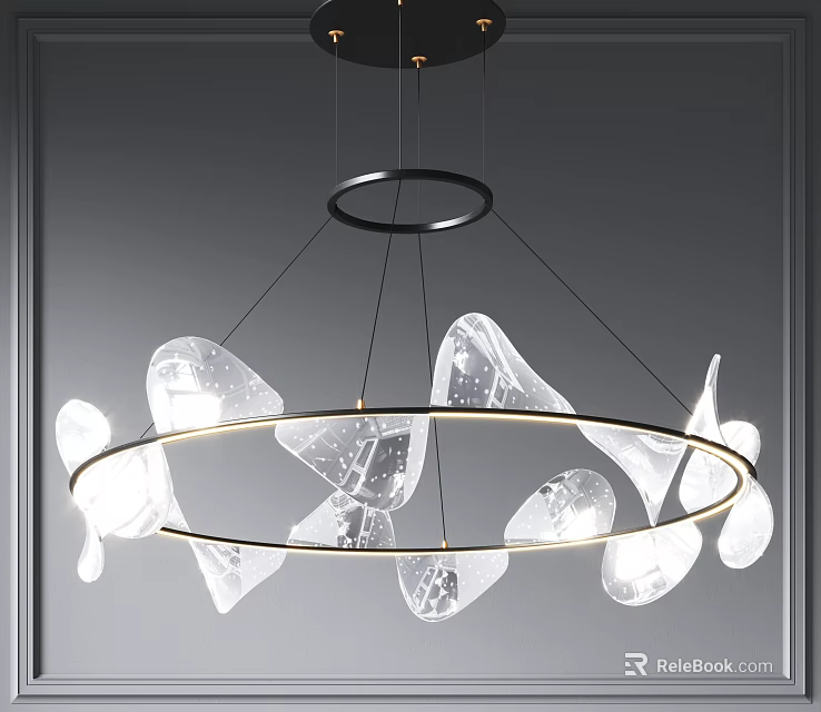 Elegant Modern Chandelier Design With Transparent Glass Petals And Circular Metal Rings 3d model 