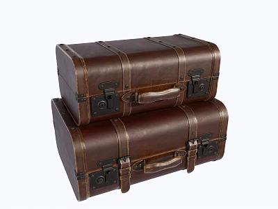 Two Brown Leather Trunks Stacked Together For Vintage Storage And Travel 3d model