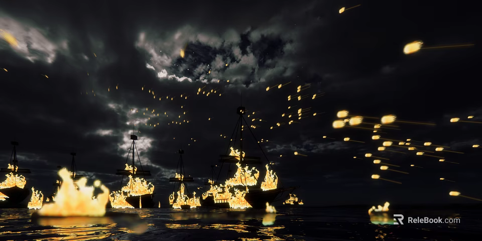 Burning Wooden Ships on Night Sea Surface with Flames and Dark Sky 3d model 
