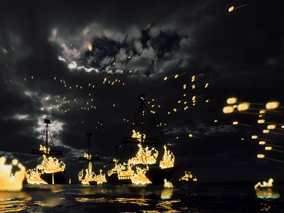 Burning Wooden Ships on Night Sea Surface with Flames and Dark Sky 3d model