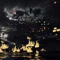Burning Wooden Ships on Night Sea Surface with Flames and Dark Sky