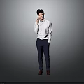A Man Talking On The Phone Wearing White Shirt Dark Blue Pants And Red Shoes
