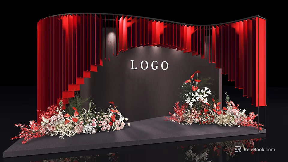 Floral Decoration On Stage With Curved Red Curtains LOGO Area And Red White Flowers 3d model 