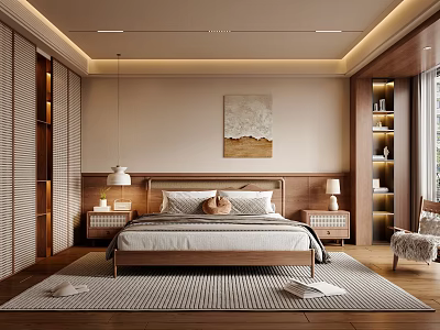 Modern Bedroom With Wooden Headboard Wall Decorative Painting Nightstands Table Lamps Rug And Accent Chair 3d model